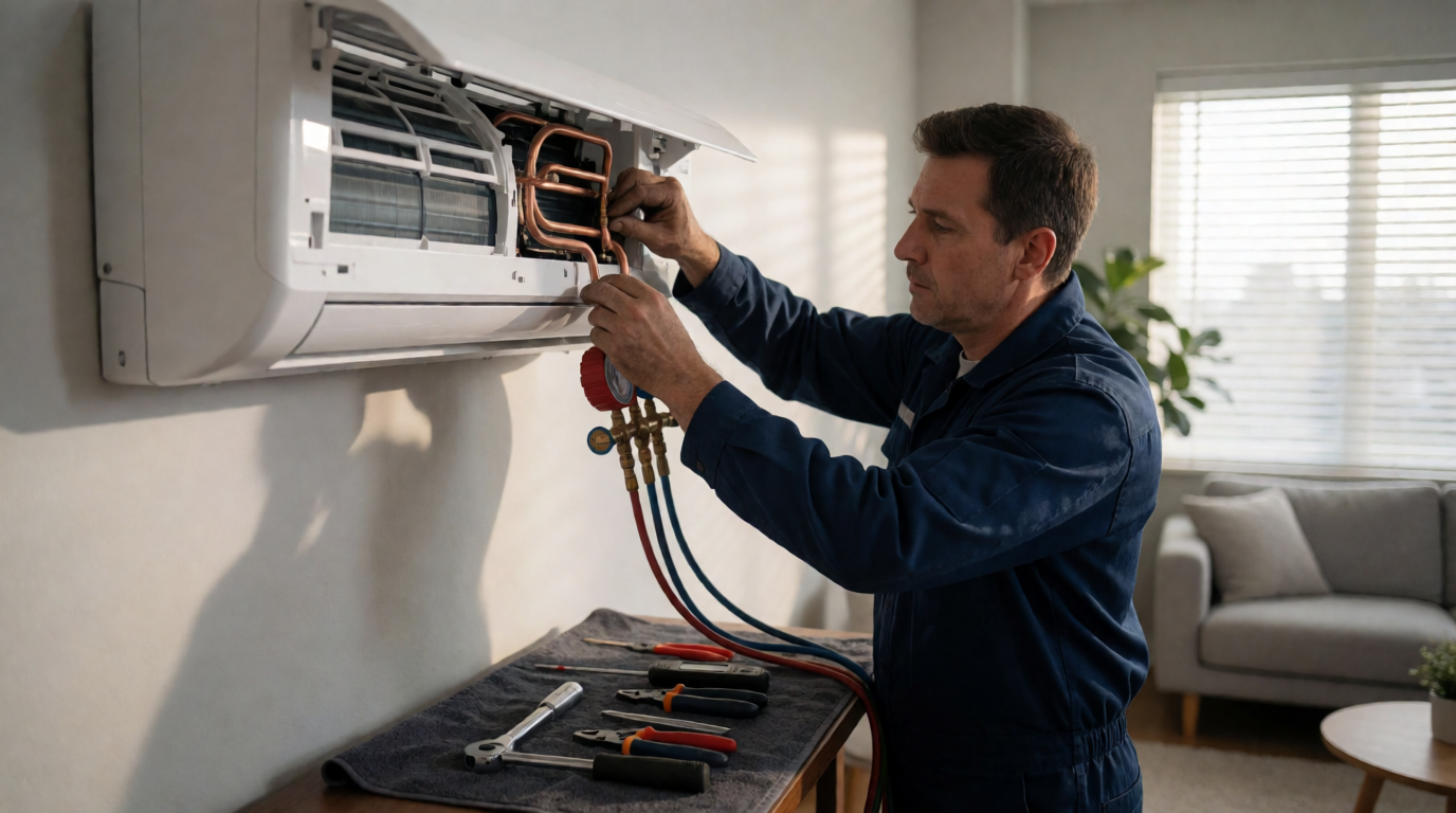 Técnico realizando manutenção em ar-condicionado split em Aracaju