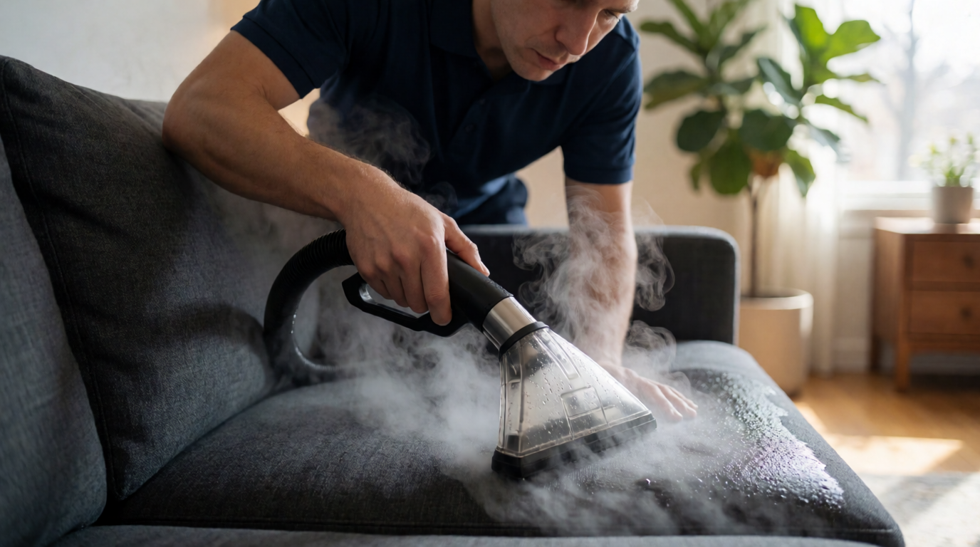 Técnico realizando higienização profunda em sofá com equipamento especializado