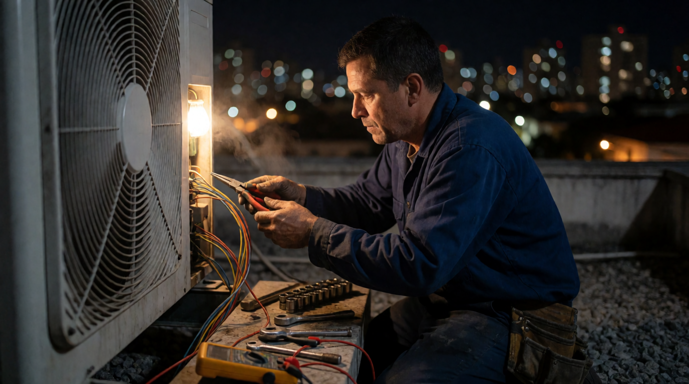 Técnico fazendo manutenção noturna em ar condicionado em Florianópolis