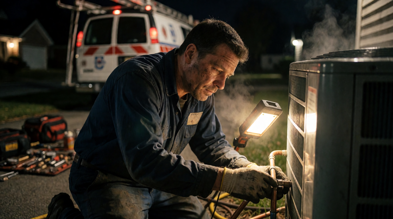 Técnico de ar condicionado realizando reparo noturno