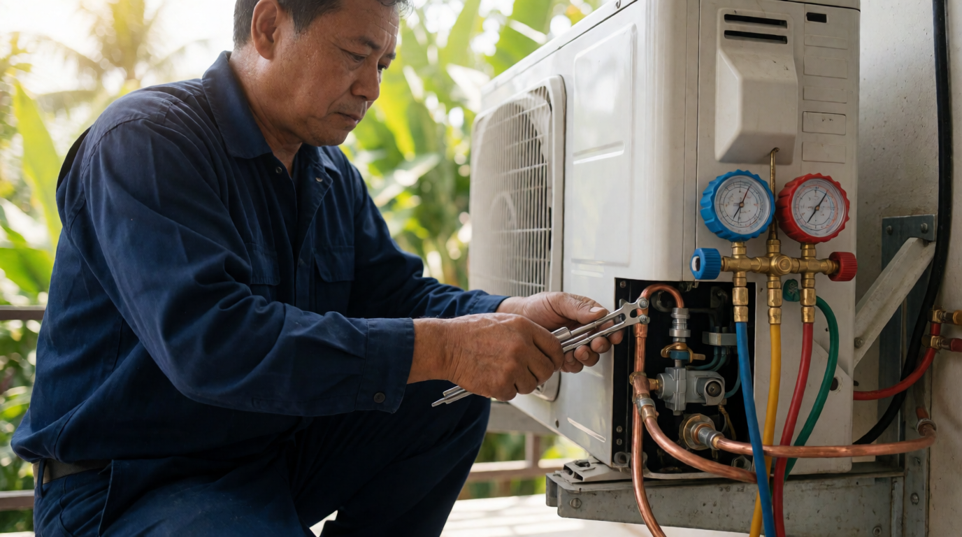 Técnico realizando manutenção em ar-condicionado split em residência