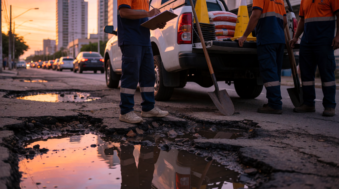 Rua com buracos no bairro Aldeota em Fortaleza