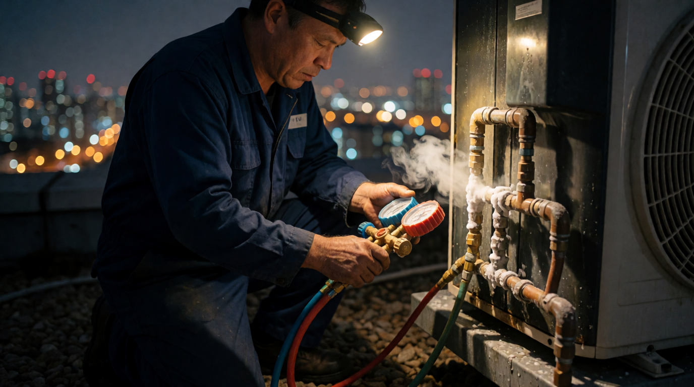 Técnico realizando manutenção noturna em ar condicionado