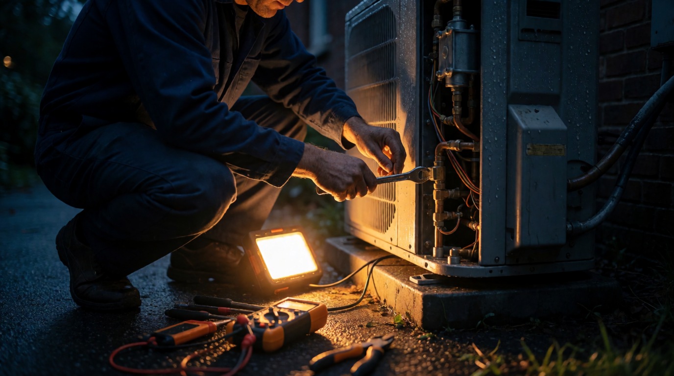 Técnico reparando ar-condicionado durante atendimento noturno