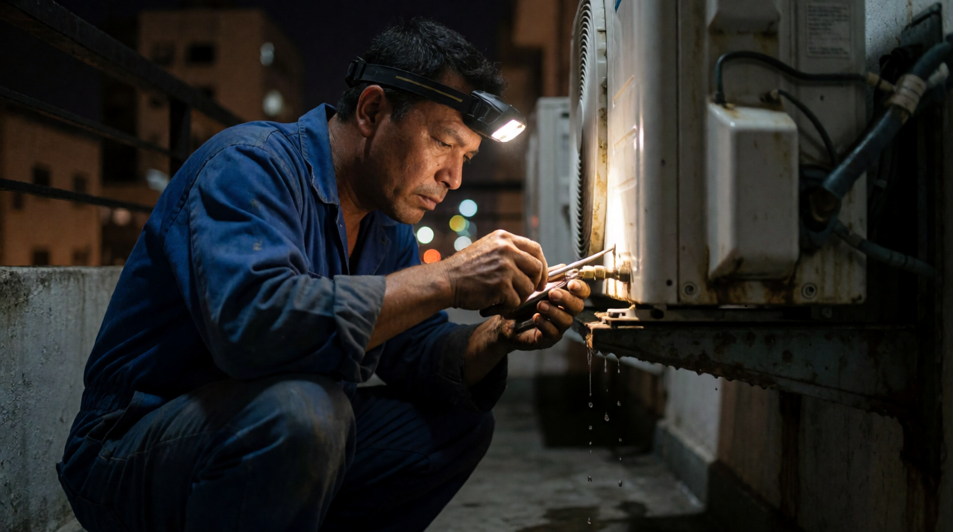 Técnico de ar-condicionado realizando reparo noturno em Santos