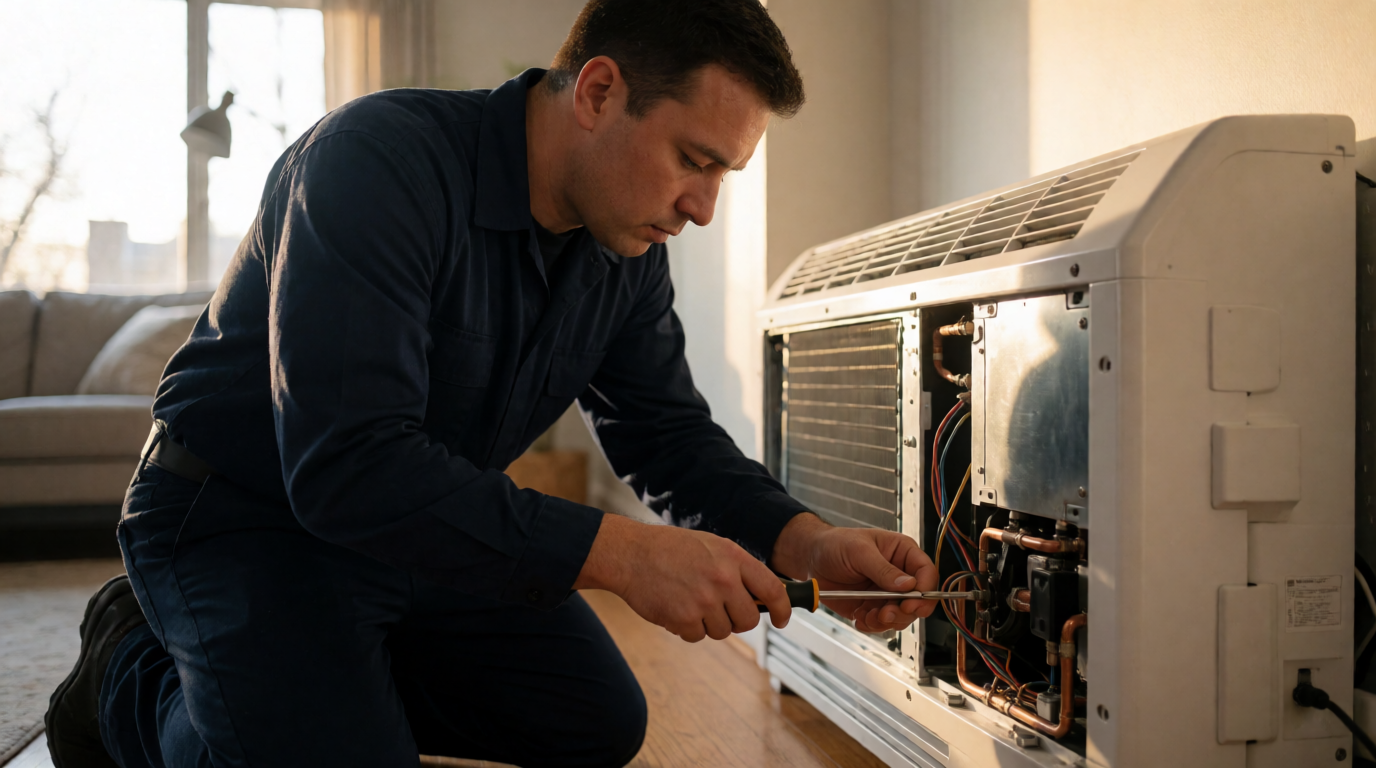 Técnico realizando manutenção em ar condicionado residencial