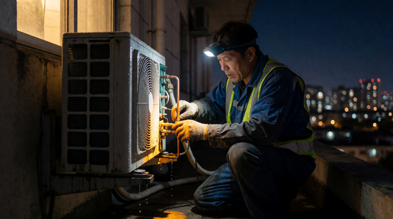 Técnico reparando ar-condicionado em serviço noturno