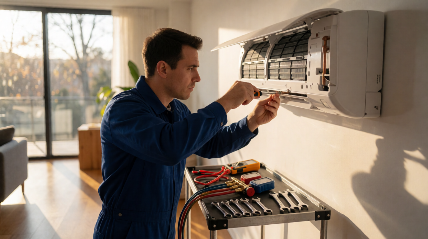 Técnico realizando manutenção em ar-condicionado split em Ribeirão Preto