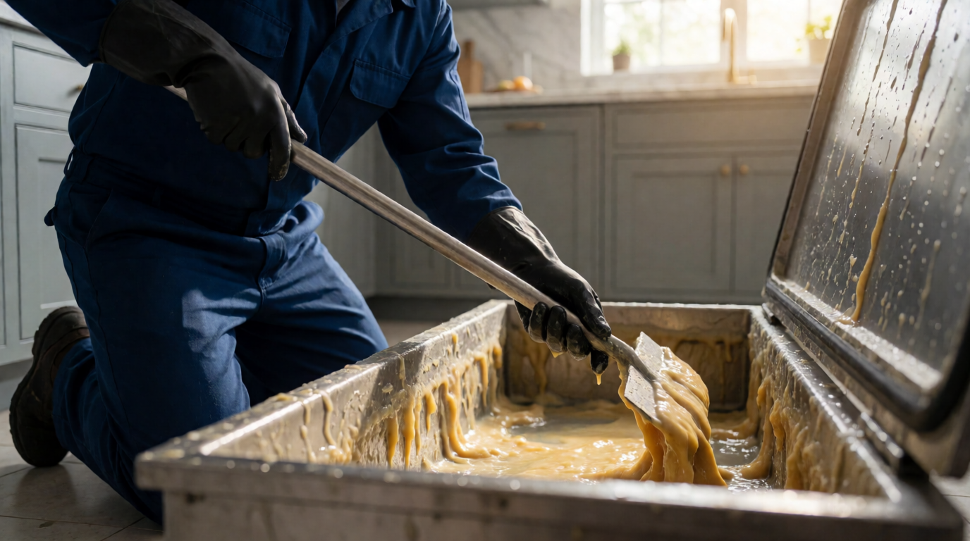 Profissional realizando a limpeza de uma caixa de gordura residencial