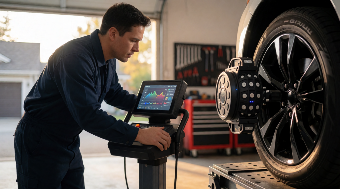 Especialista utilizando equipamento digital para alinhamento de direção