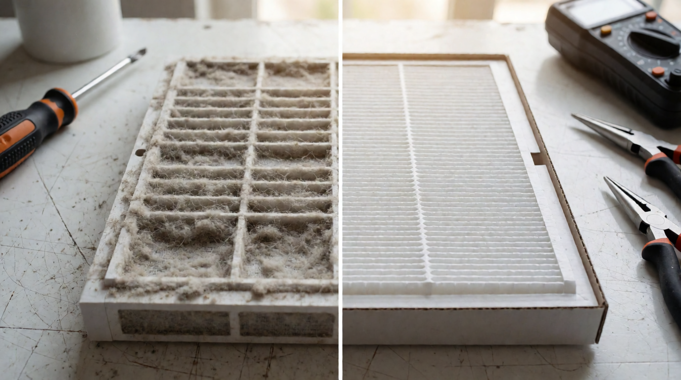 Comparação de filtro de ar-condicionado sujo versus limpo após manutenção