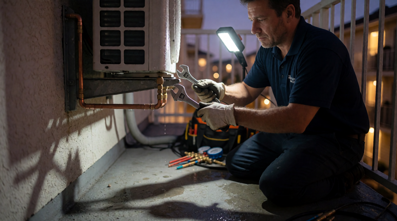 Técnico realizando reparo noturno em ar-condicionado residencial