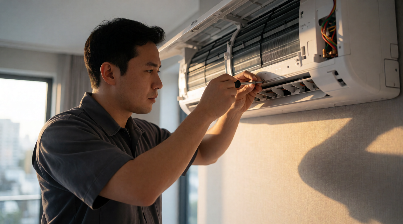 Técnico reparando ar condicionado em uma residência