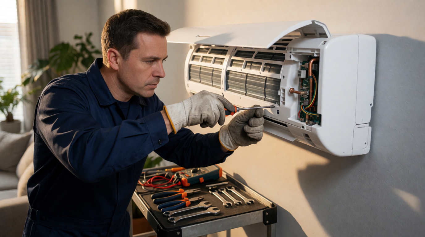 Técnico realizando manutenção em ar-condicionado split