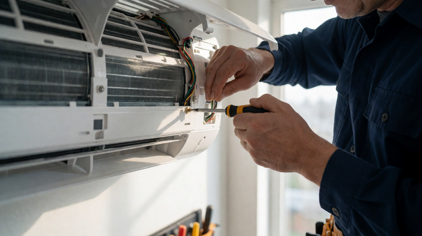 Técnico realizando manutenção em ar-condicionado