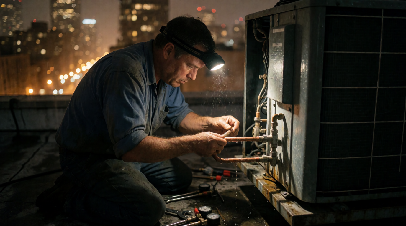 Técnico realizando reparo em ar condicionado durante a noite