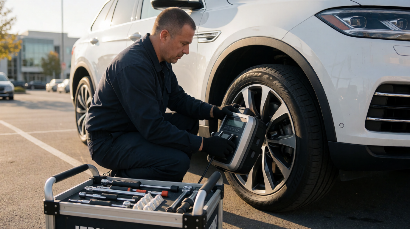 Equipamento móvel de balanceamento atuando em estacionamento comercial