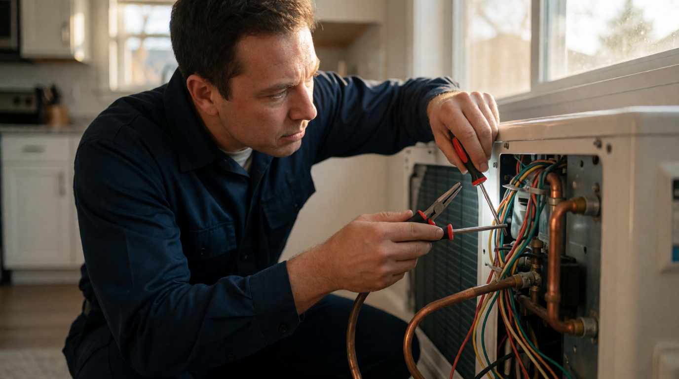 Técnico consertando ar-condicionado em residência