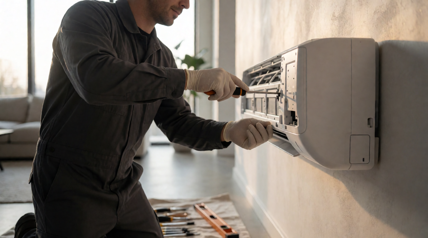 Instalação profissional de ar condicionado em um ambiente residencial