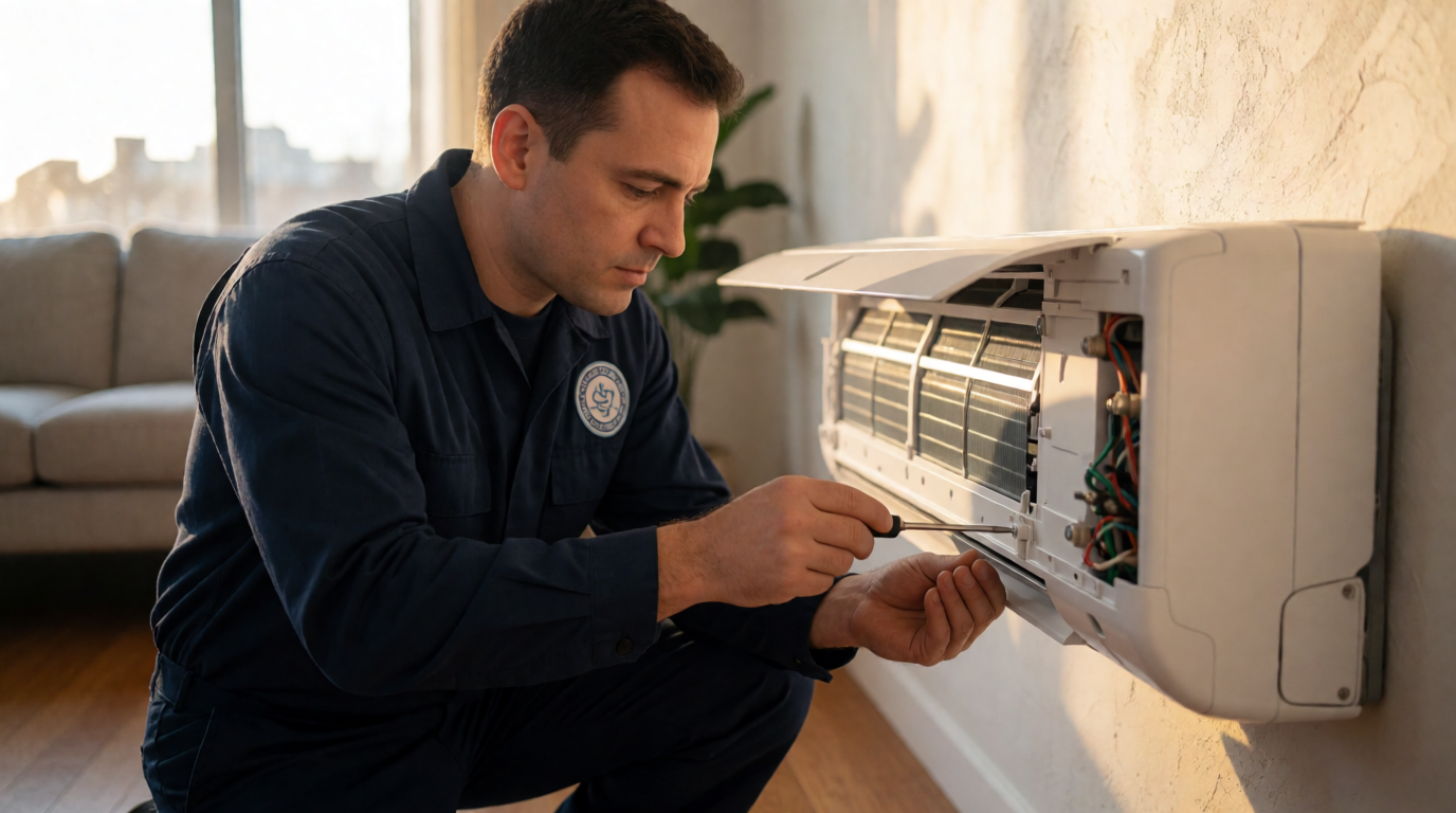 Técnico realizando manutenção de ar condicionado