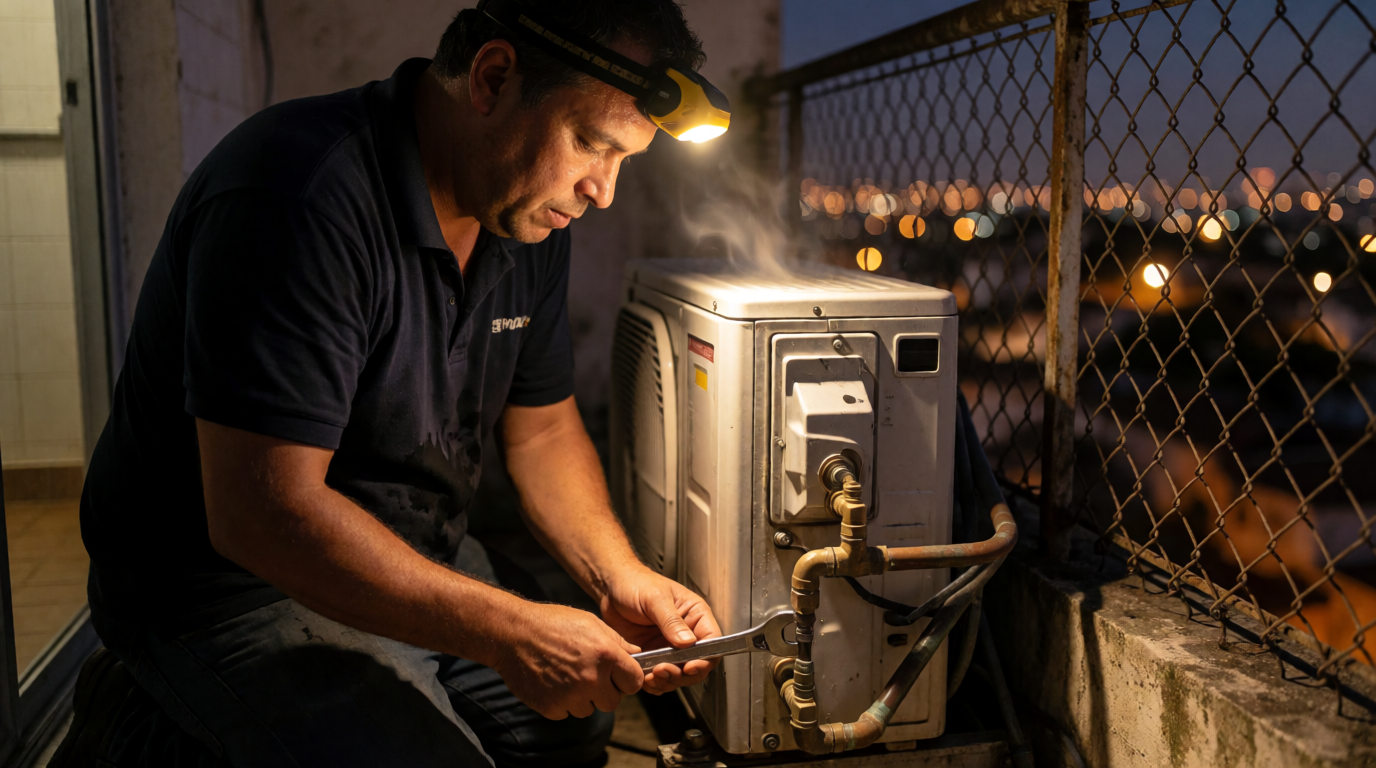 Técnico reparando ar-condicionado à noite em Vitória