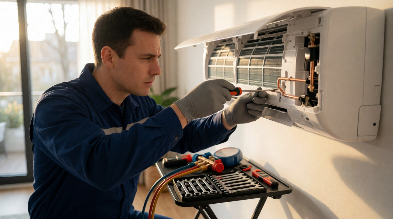 Técnico realizando manutenção em ar-condicionado em Fortaleza