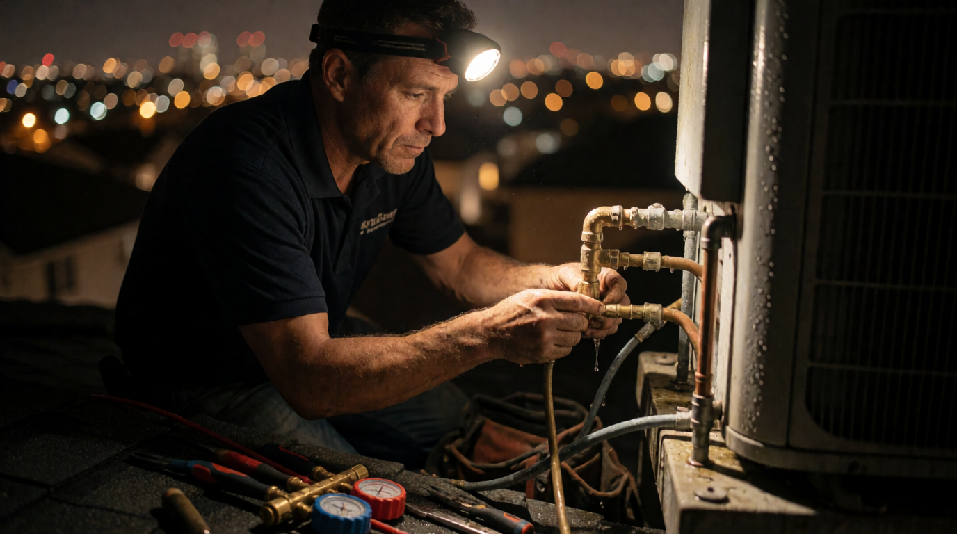 Técnico realizando manutenção noturna em ar-condicionado residencial