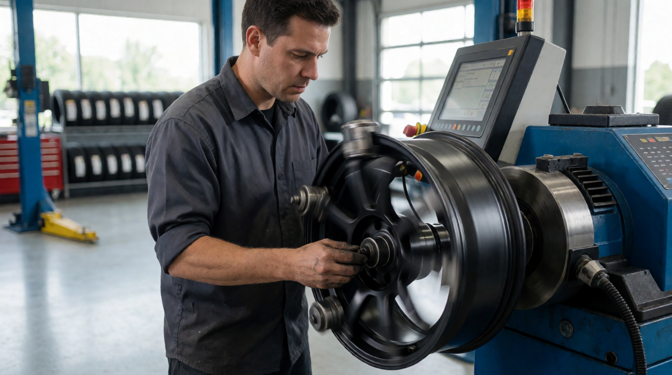 Técnico trabalhando com máquina de balanceamento de pneus