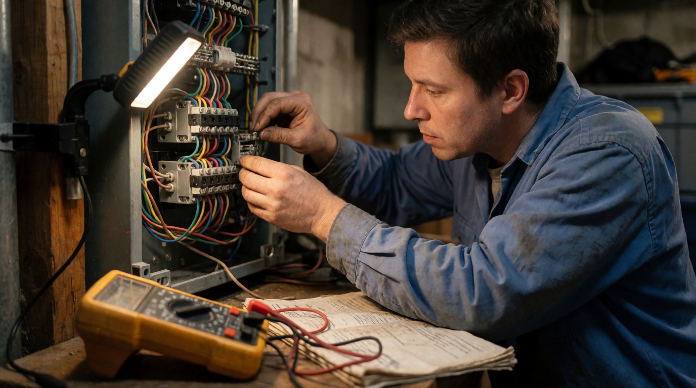 Técnico verificando a parte elétrica de ar-condicionado residencial