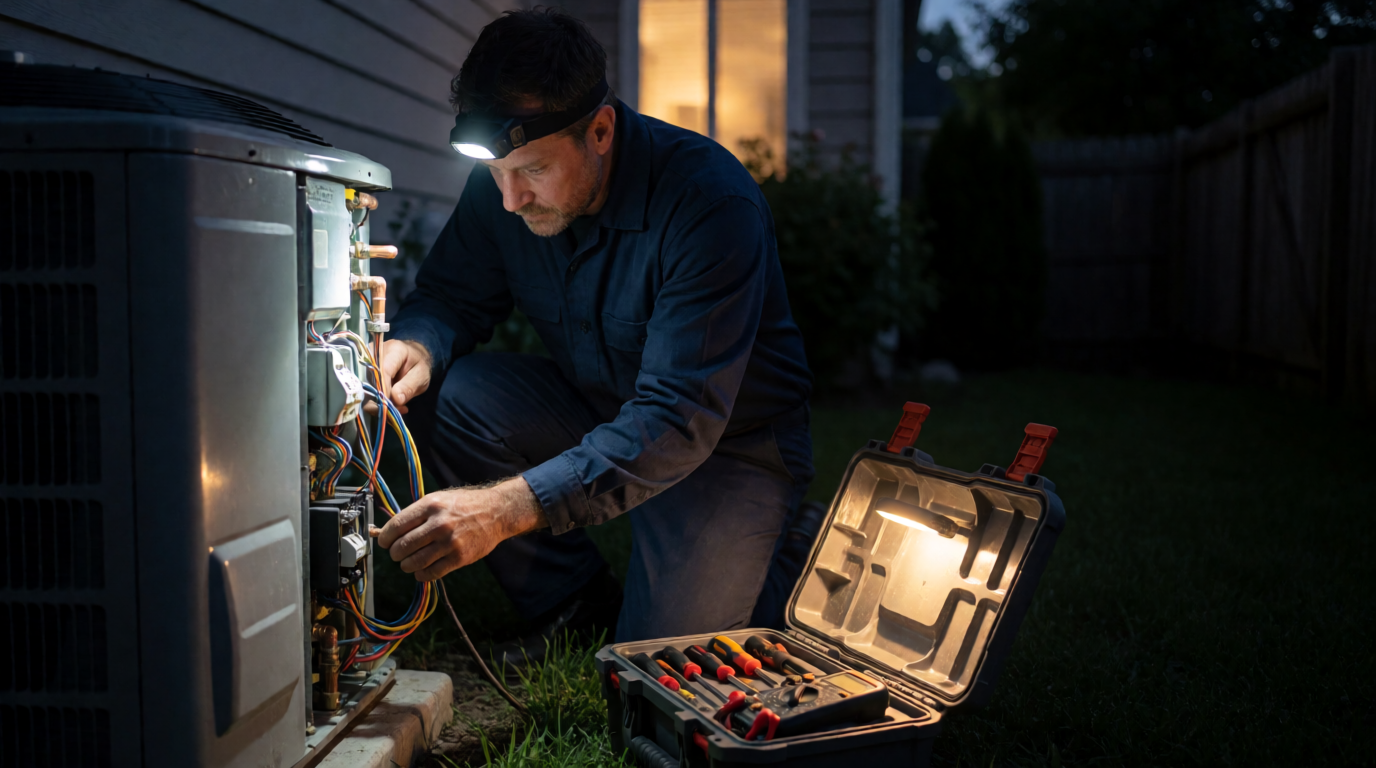 Técnico realizando manutenção noturna em ar condicionado