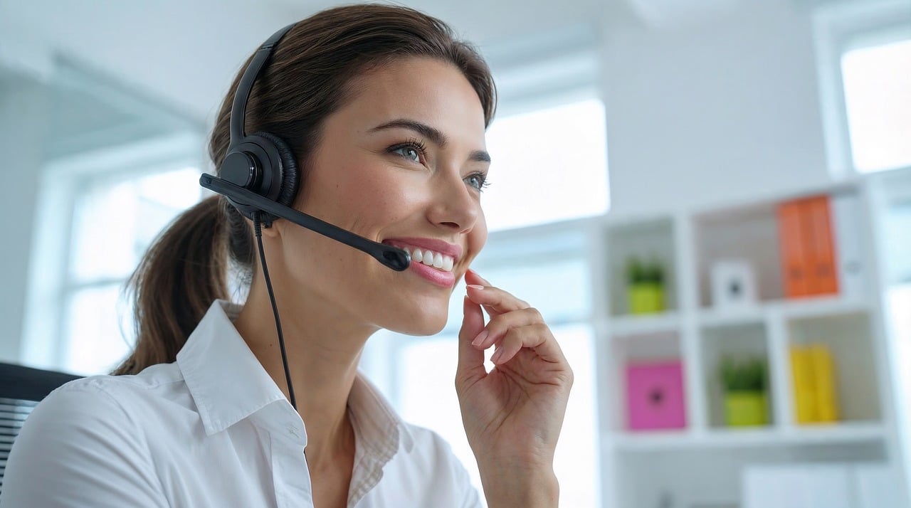 woman, headset, smile, office, professional, support, communication, customer, service, business, call, center, worker, bright, corporate, friendly, technology, microphone, help, operator, ai generated