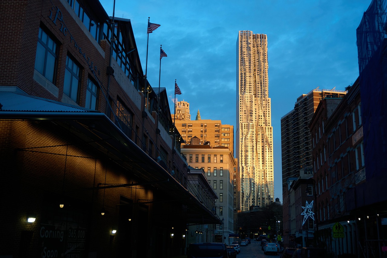 sunrise, morning, spruce street, skyscraper, nature, building, city, architecture, construction, modern, urban, tower, cityscape, clouds, blue city, blue sunrise, blue building, blue construction, blue street, blue morning