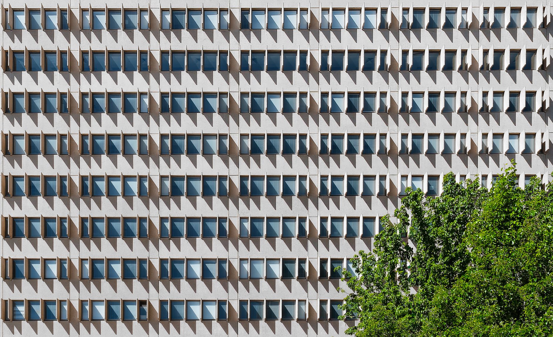 Geometric facade with shadows and greenery in Canberra, Australia.