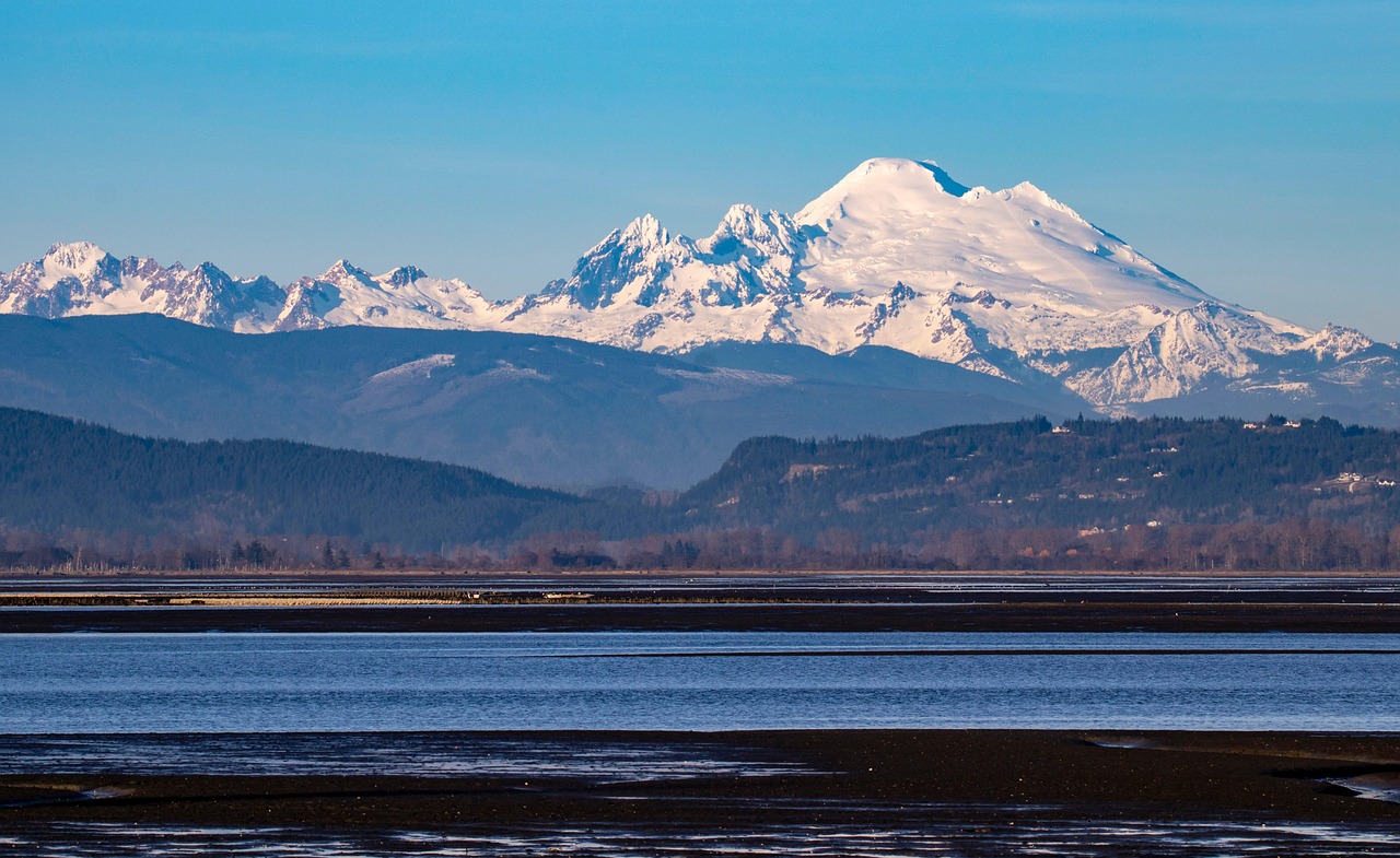 mountain, snow, mt baker, puget sound, washington, nature, low tide, landscape, volcano, snowy mountain, cascade mountains, washington state