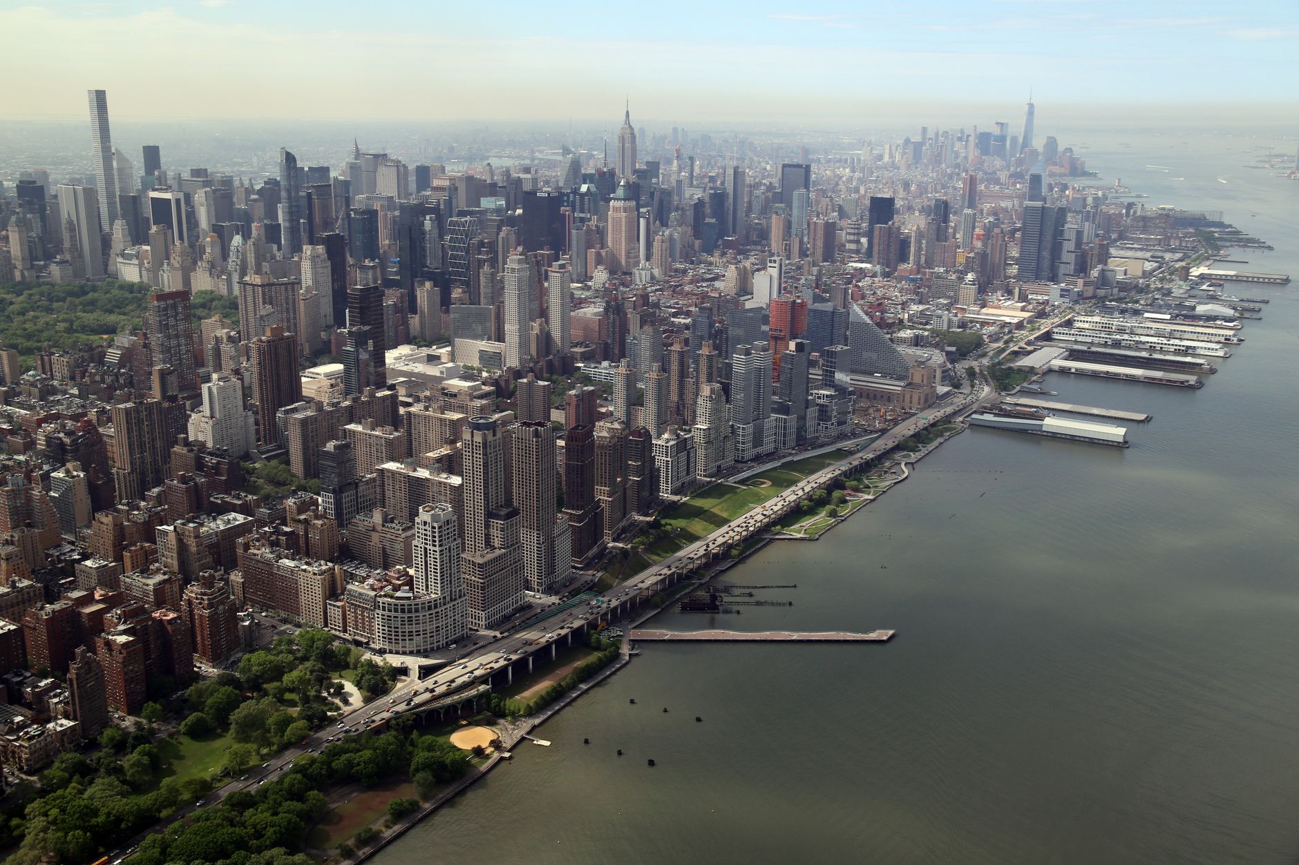 A captivating aerial view of the Manhattan skyline in New York City, showcasing the iconic architecture and urban landscape.
