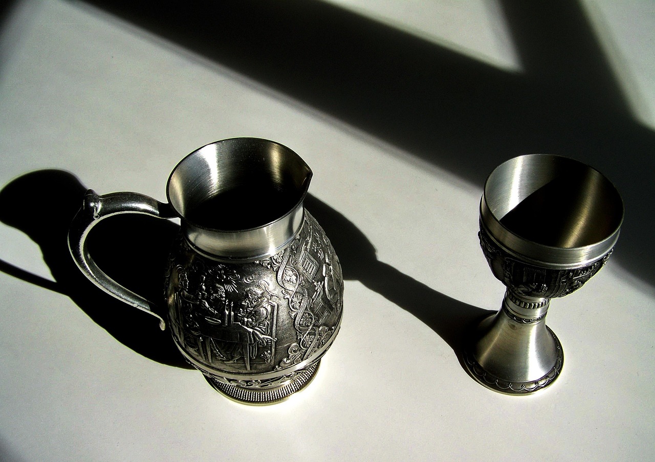 lead jug, lead stemmed glass, light shadow, still life