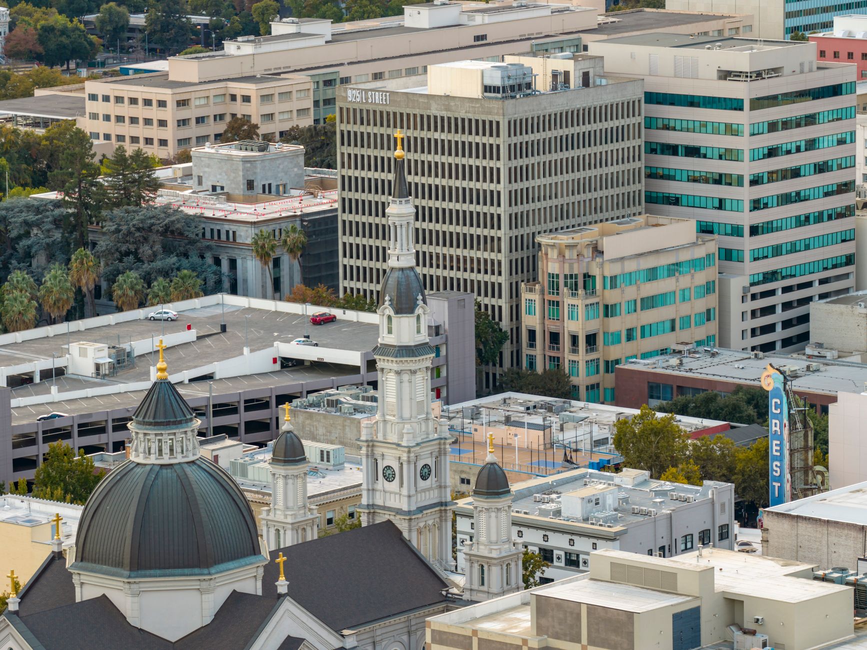 Aerial shot of downtown Sacramento, highlighting the historic buildings and urban skyline.