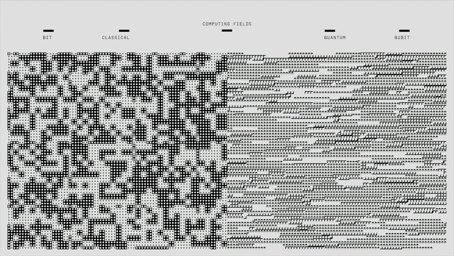 Abstract design showcasing computing fields with geometric and binary patterns in black and white.