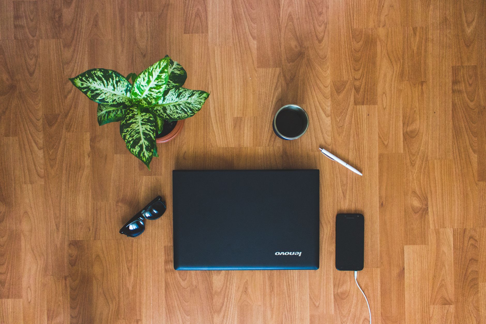 A top view of a home office desk setup with a laptop, coffee, plant, and mobile phone on a wooden surface.