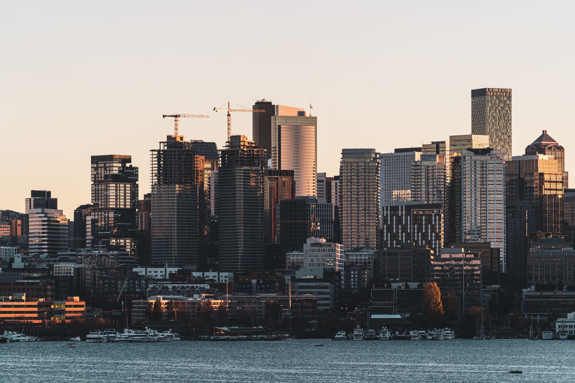 Stunning view of Seattle's skyline at twilight, reflecting urban architecture and waterfront setting.