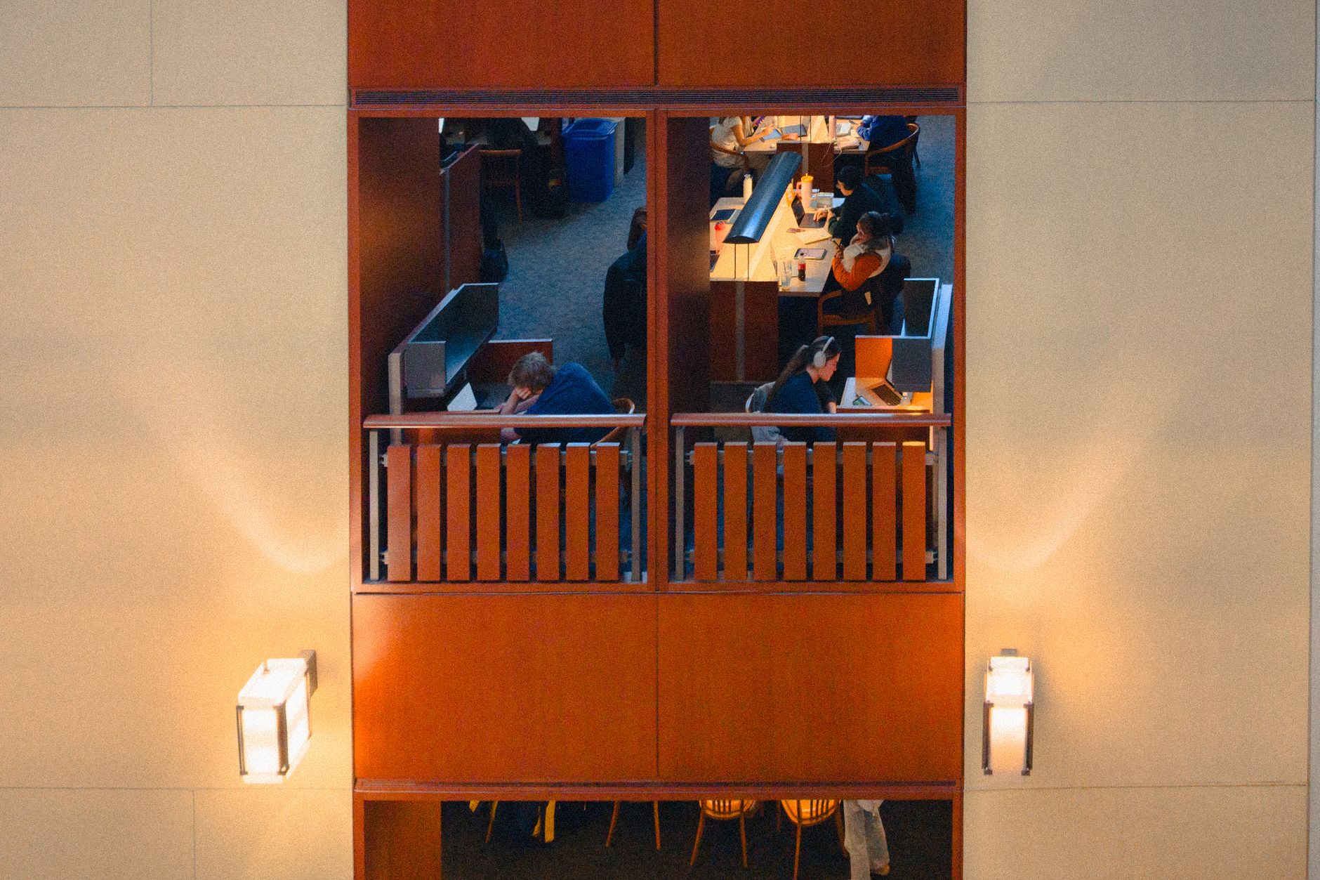 Aerial view of employees working in a modern office setting. Captured in Kingston, Ontario, Canada.