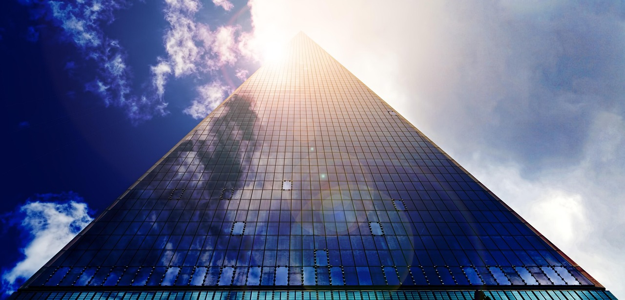 skyscraper, glass facade, facade, nature, office building, architecture, heaven, sun, shine, clouds, high, mood, new york, glass, glass palace, window, modern