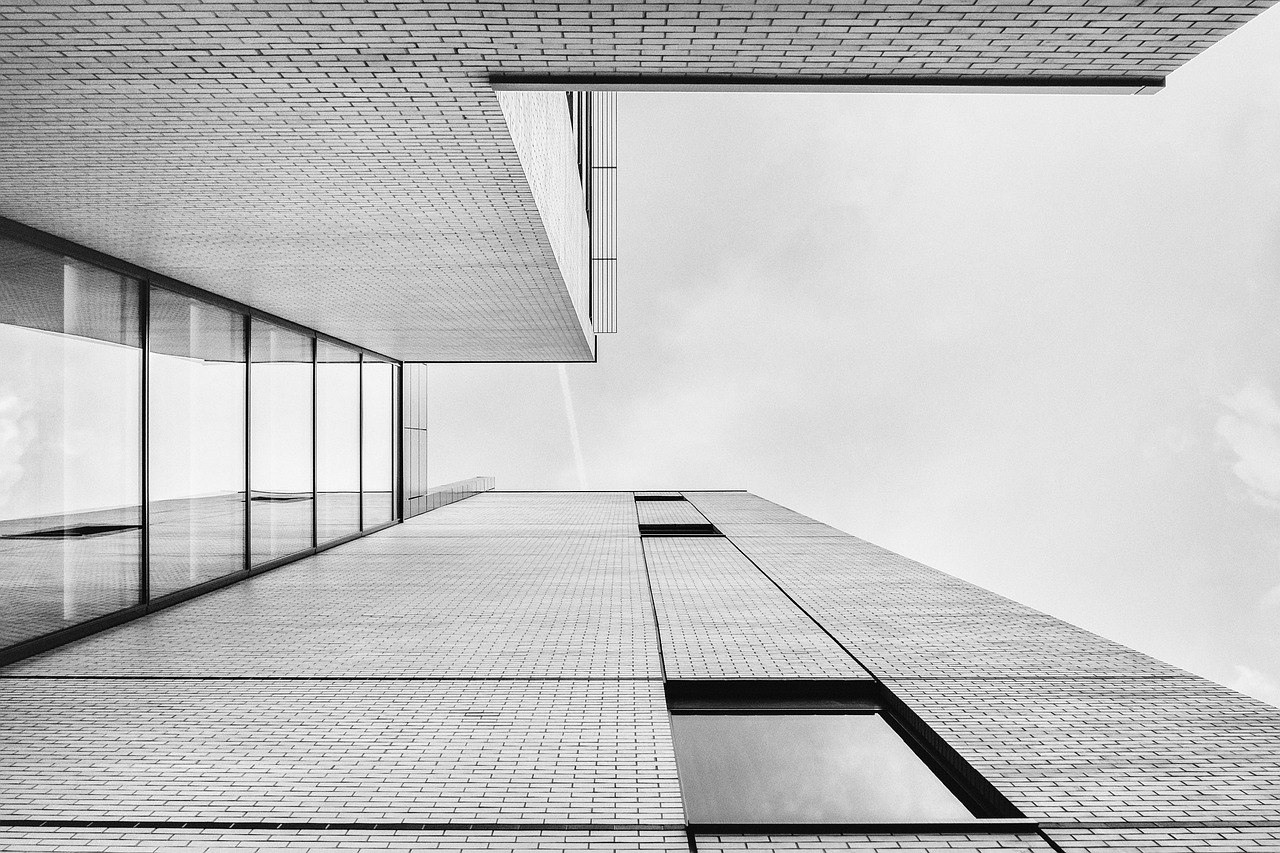 building, architecture, modern, monochrome, office, work, window, house, wall, perspective, structure, urban, glass, nature, business, housing, apartment, futuristic, minimal, sky