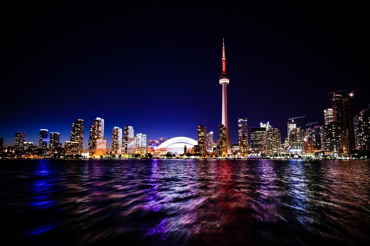 toronto, city, cn tower, skydome, skyline, architecture, buildings, towers, lights, dark, night, water, reflection, urban, nature, cityscape, city lights, skyscrapers