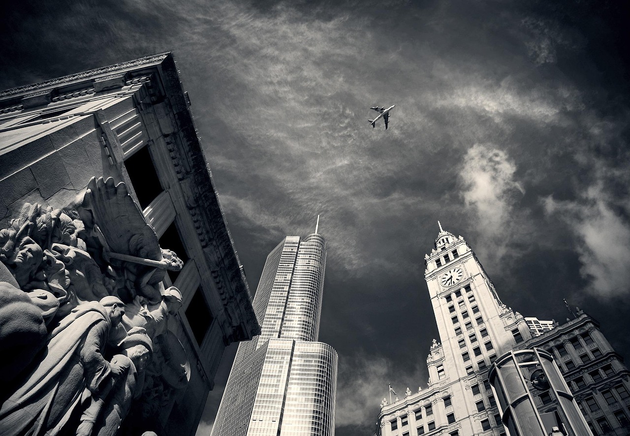 chicago, skyline, nature, buildings, skyscrapers, tall buildings, sky, airplane, flight, perspective, downtown, michigan, architecture, urban, urban landscape, monochrome, black and white