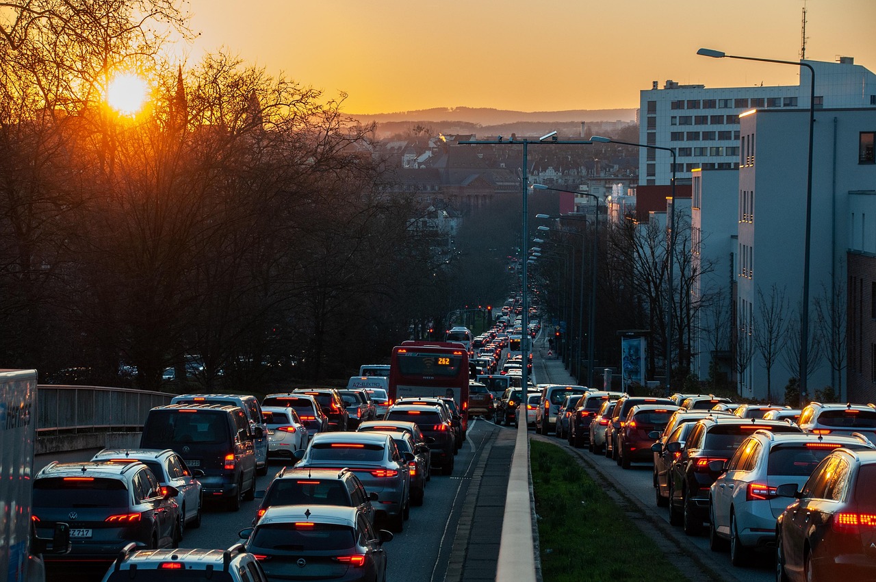 traffic, city, traffic jam, cars, vehicles, nature, highway, road, sunset, twilight