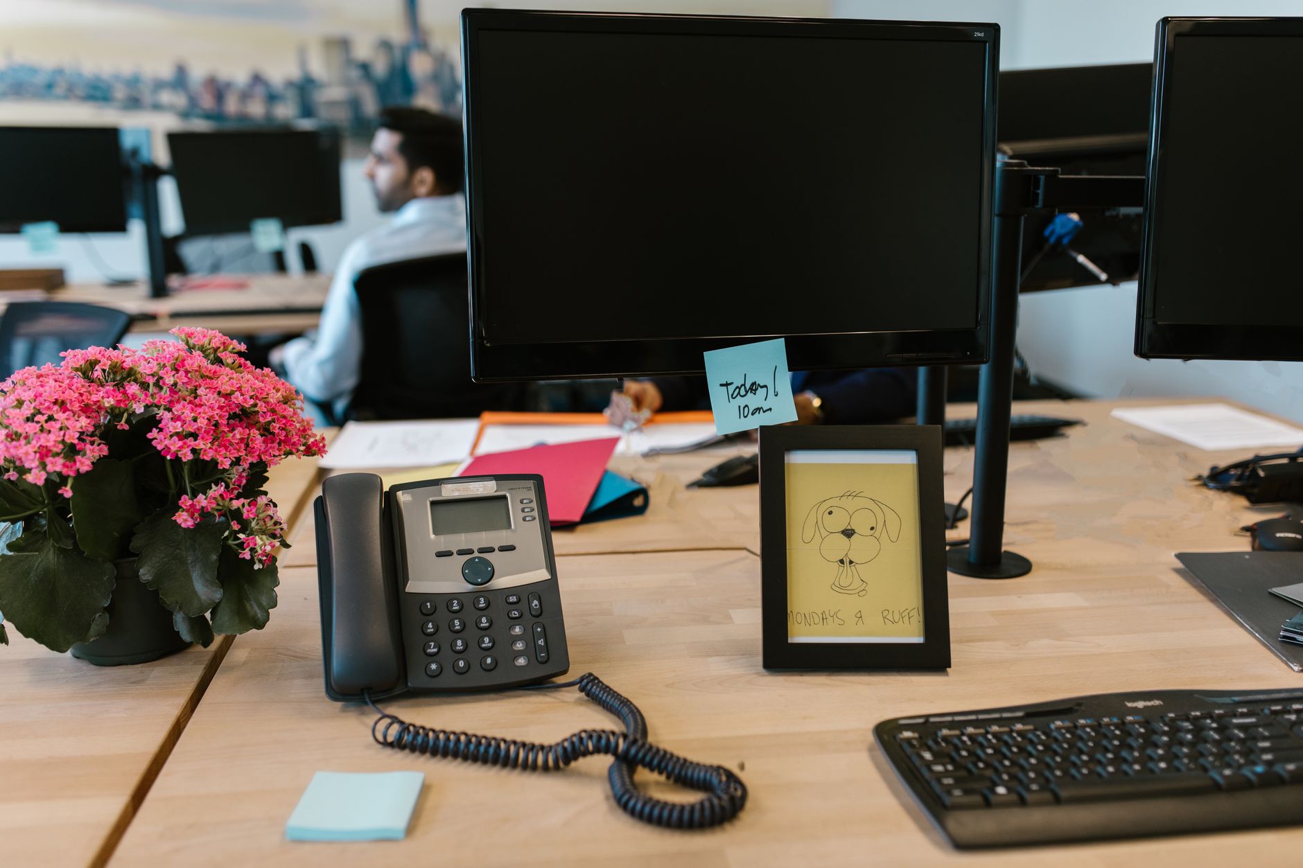 An organized office desk featuring a computer monitor, telephone, and vibrant pink flowers.