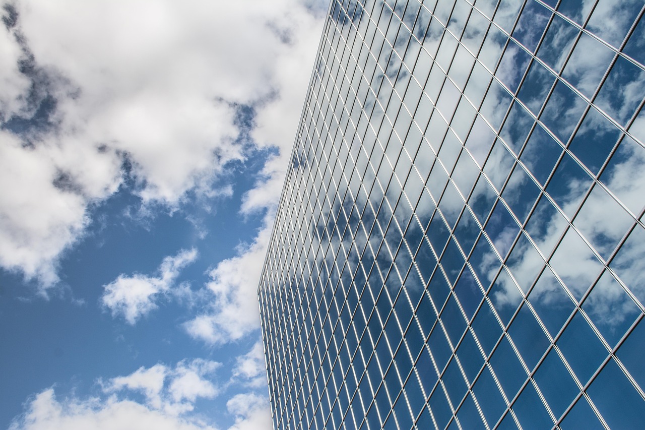 building, reflection, clouds, sky, skyscraper, architecture, nature, city, glass, blue sky, urban, modern, perspective, toronto, construction, geometric, window, tower, business, office, blue