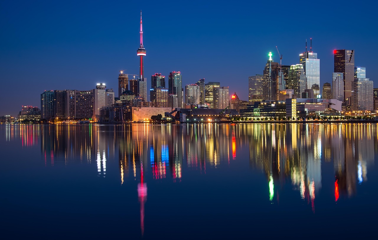 buildings, cn tower, river, waterfront, illuminated, city lights, cityscape, skyline, skyscrapers, architecture, reflection, water reflection, mirroring, canada, night, night photography, ontario, nature, toronto, water, calm waters