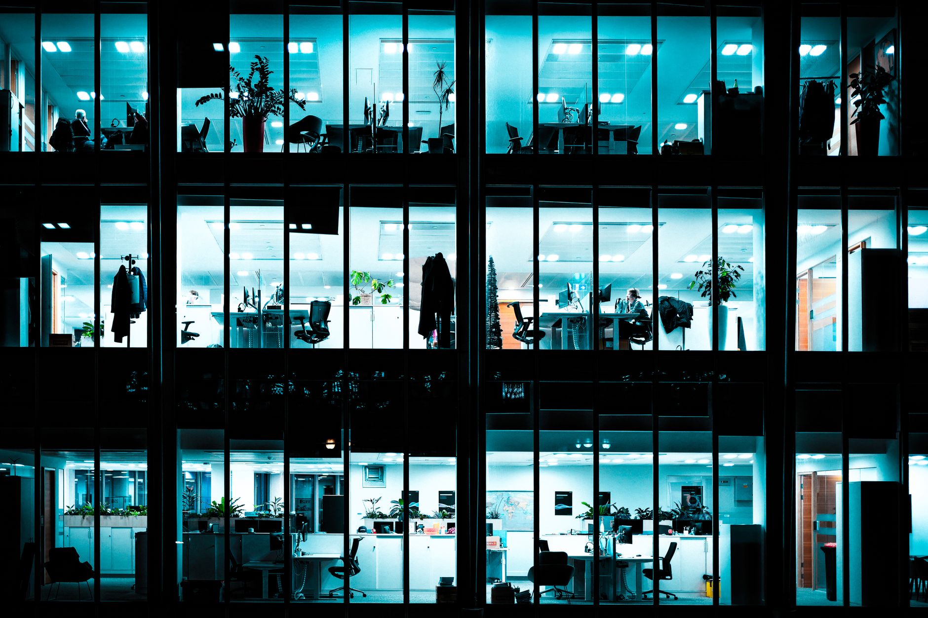 Night view of an illuminated modern office building showcasing workspaces through large windows.